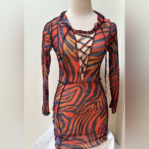 Petite Orange Zebra Print Mesh Lace Up Dress - Picture 2 of 3